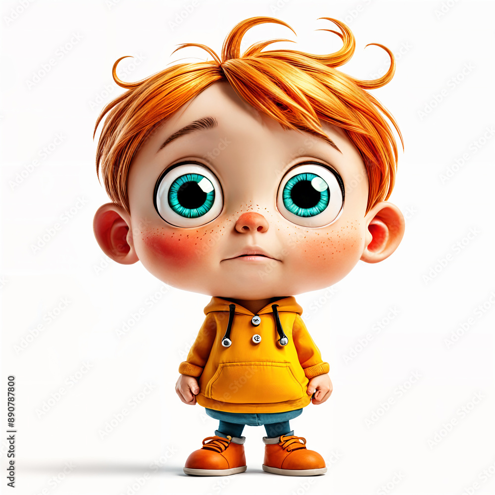 Cartoon of a young boy with red hair, wearing a yellow jacket and blue pants, standing against a white background. Cartoon of a young boy with red hair, wearing a yellow jacket and blue pants, standing against a white background.
