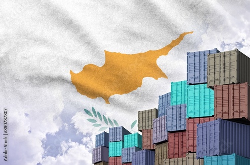 Cyprus flag and big stack of shipping cargo containers in docks with sky background close up photo