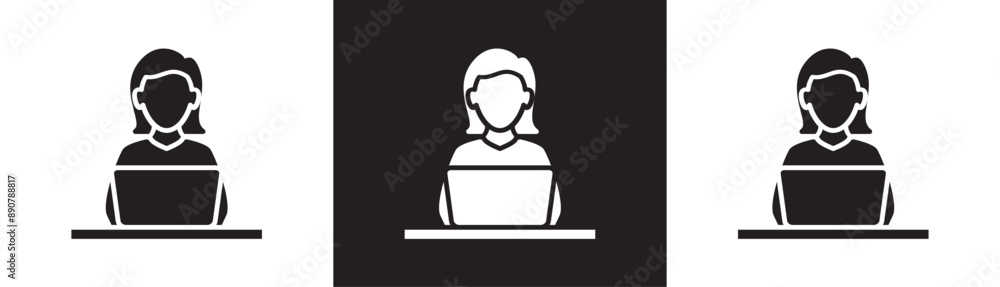 Female CS with Laptop Flat icon of Customer Service, User support, Support admin icon, Support service and telemarketing, Job icon vector illustration on black, white and transparent. Female CS with Laptop Flat icon of Customer Service, User support, Support admin icon, Support service and telemarketing, Job icon vector illustration on black, white and transparent.
