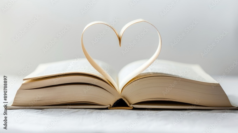 Open book with pages forming heart shape in center Open book with pages forming heart shape in center