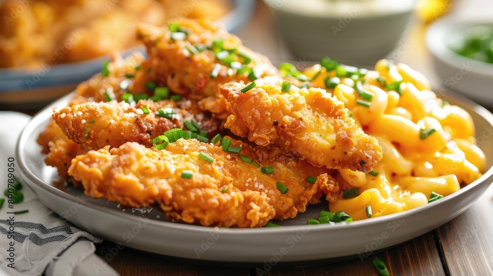 Crispy fried chicken strips with macaroni and cheese Crispy fried chicken strips with macaroni and cheese