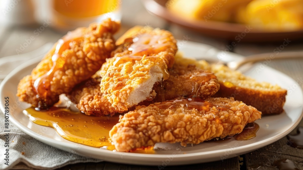 Close-up of crispy fried chicken tenders drizzled with honey on white plate Close-up of crispy fried chicken tenders drizzled with honey on white plate