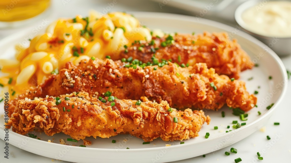 Crispy fried chicken tenders with creamy macaroni and cheese, garnished chives on white plate Crispy fried chicken tenders with creamy macaroni and cheese, garnished chives on white plate