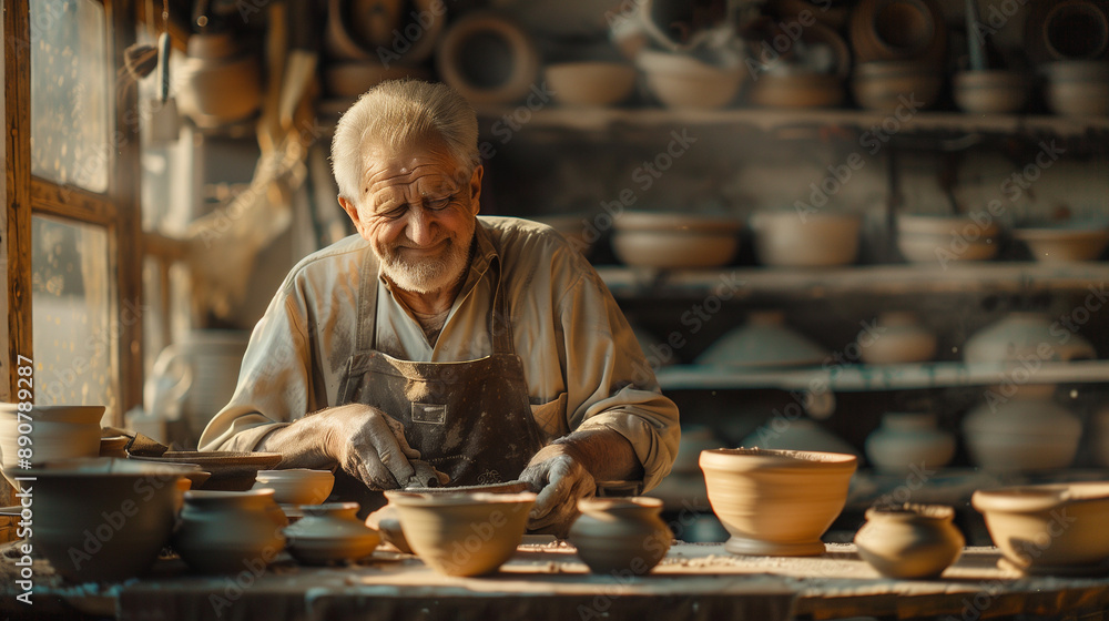 Senior Artisan Pottery Maker in a Sunlit Workshop Senior Artisan Pottery Maker in a Sunlit Workshop