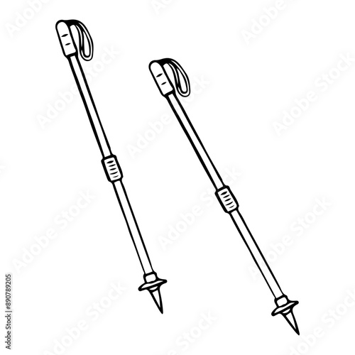 Hiking poles hand drawn in doodle style. Walk along the path in the mountain forest. Vector line art illustration.