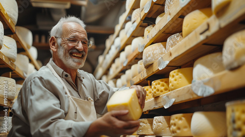 Smiling Cheesemaker in apron and headdress checking cheese in Cheese Aging Cellar photo