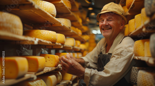 Smiling Cheesemaker in apron and headdress checking cheese in Cheese Aging Cellar photo