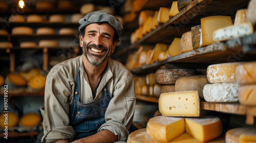 Smiling Cheesemaker in apron and headdress checking cheese in Cheese Aging Cellar photo