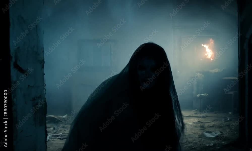 Horror scene of a mysterious Scary Asian ghost woman creepy have hair covering the face crawling to camera at abandoned house with flickering light dark scene movie at night, holiday ghost Halloween Horror scene of a mysterious Scary Asian ghost woman creepy have hair covering the face crawling to camera at abandoned house with flickering light dark scene movie at night, holiday ghost Halloween