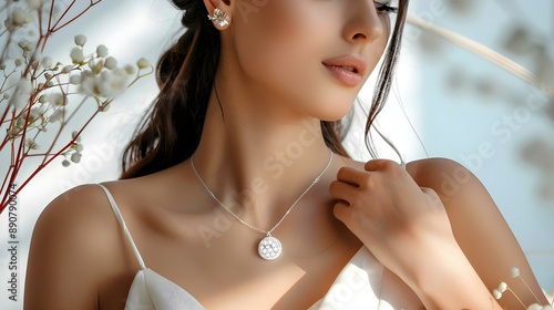 Elegant woman modeling pendant necklace