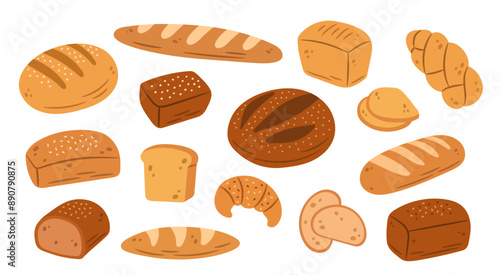 Hand-drawn illustrations of bread and bakery products