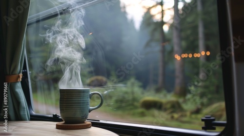 Steaming cup of coffee on the window sill of a campervan - Van Life and Slow living  photo