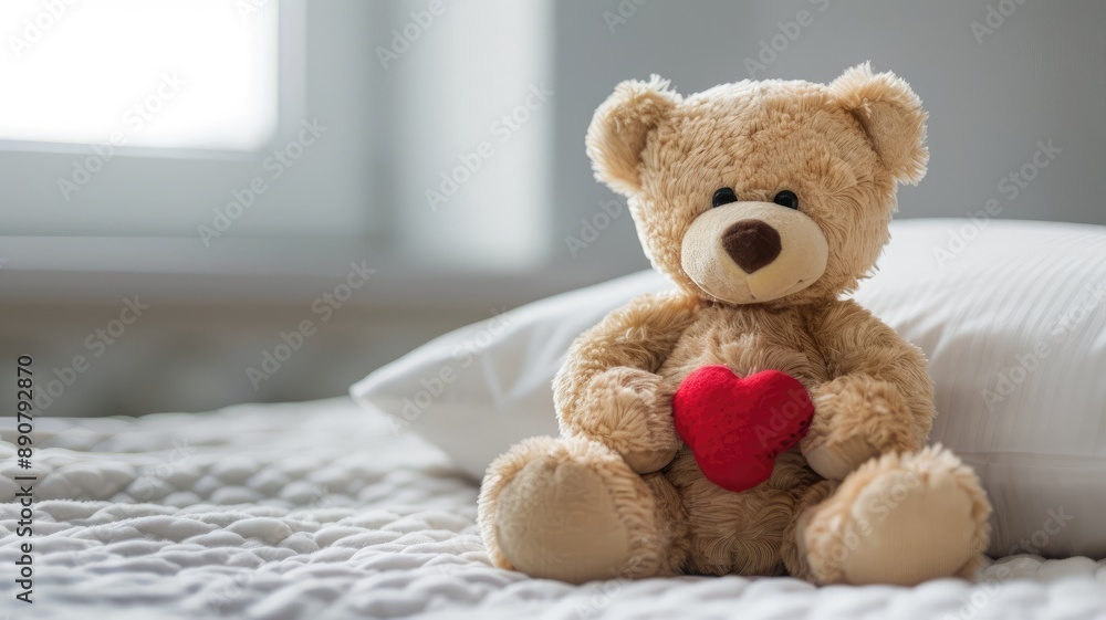 Fototapeta premium Cute bear with red heart sitting on bed