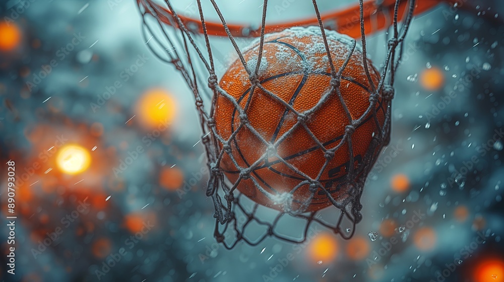 Basketball going through hoop in snow with glowing lights. A dynamic moment in a basketball game, showing a basketball passing through the hoop and net. Basketball going through hoop in snow with glowing lights. A dynamic moment in a basketball game, showing a basketball passing through the hoop and net.