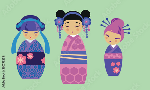Vector illustration of japanese Kokeshi dolls. Concept Holiday Shichi-Go-San or three-five-seven