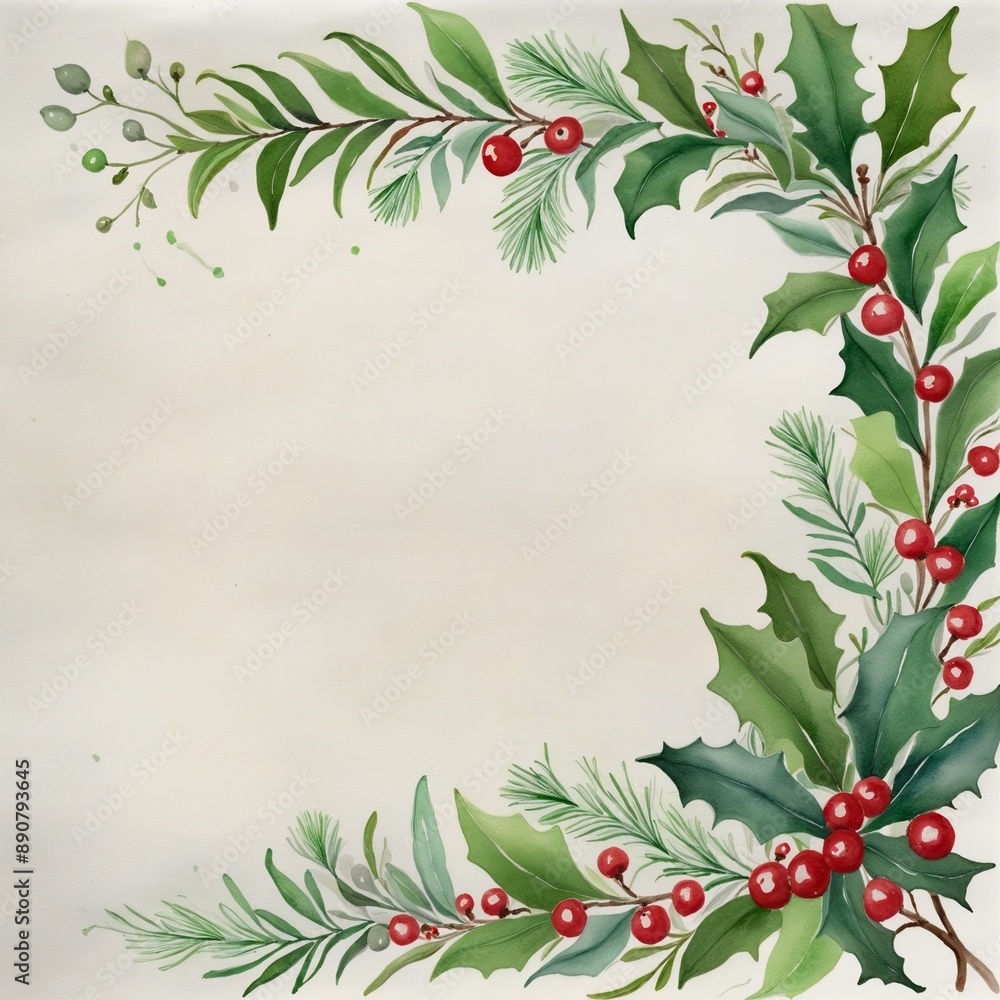 Fototapeta premium Celebratory Watercolor Design: Holly and Merry Berry Branches