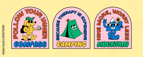 Cartoon Retro Characters Set with Trippy Illustrations. Vintage Fun Doodle Stickers About Camping. Vector Funny Y2k Cute Illustrations with Quotes