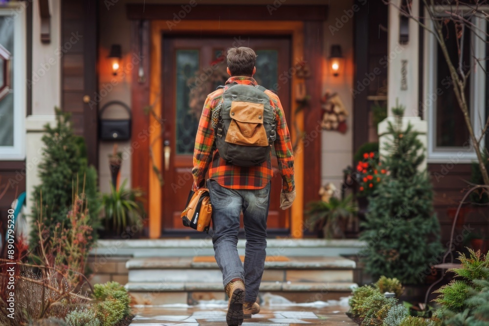 Back of professional handyman or repairman with bag and tools walking into the front door house Back of professional handyman or repairman with bag and tools walking into the front door house