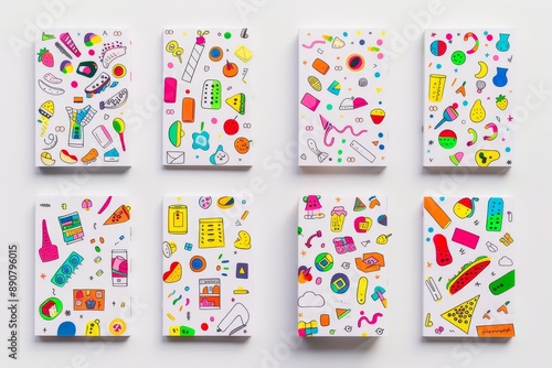 Colorful Hand-Drawn Patterned Notepads With Geometric and Food Motifs on White Background