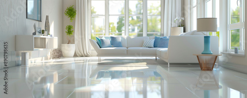 very bright living room in white colours, shiny clean surfaces, absolutely clean house, clean house concept, background of cleaning products and cleaning services, space for text