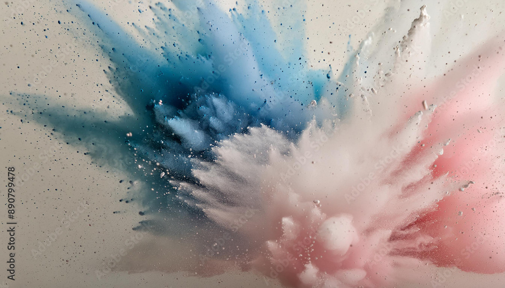 Fototapeta premium Dramatic blue and pink powder explosion with particles on light background. Abstract texture