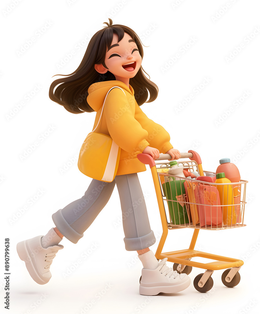 Girl shopping 3D cartoon character on white background Girl shopping 3D cartoon character on white background