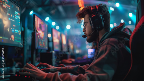 A man is playing a video game with a headset on