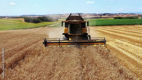 A combine harvester moves through a golden wheat field in Oteiza, Navarra, Spain, captured from the front perspective. The machine efficiently cuts through the wheat