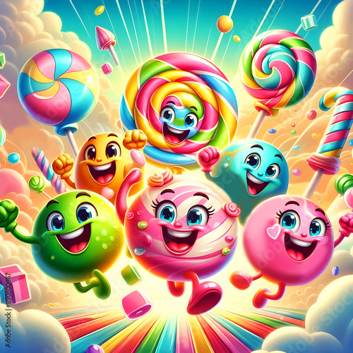 Colorful candy characters are running joyfully and smiling in rainbow desert world