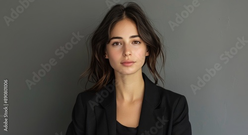Young Woman With Long Brown Hair Wearing a Black Blazer in Front of a Gray Wall