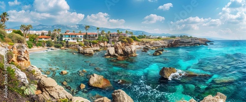 Panoramic view of luxury villas by the sea with stunning turquoise waters and rocky shore under a blue sky