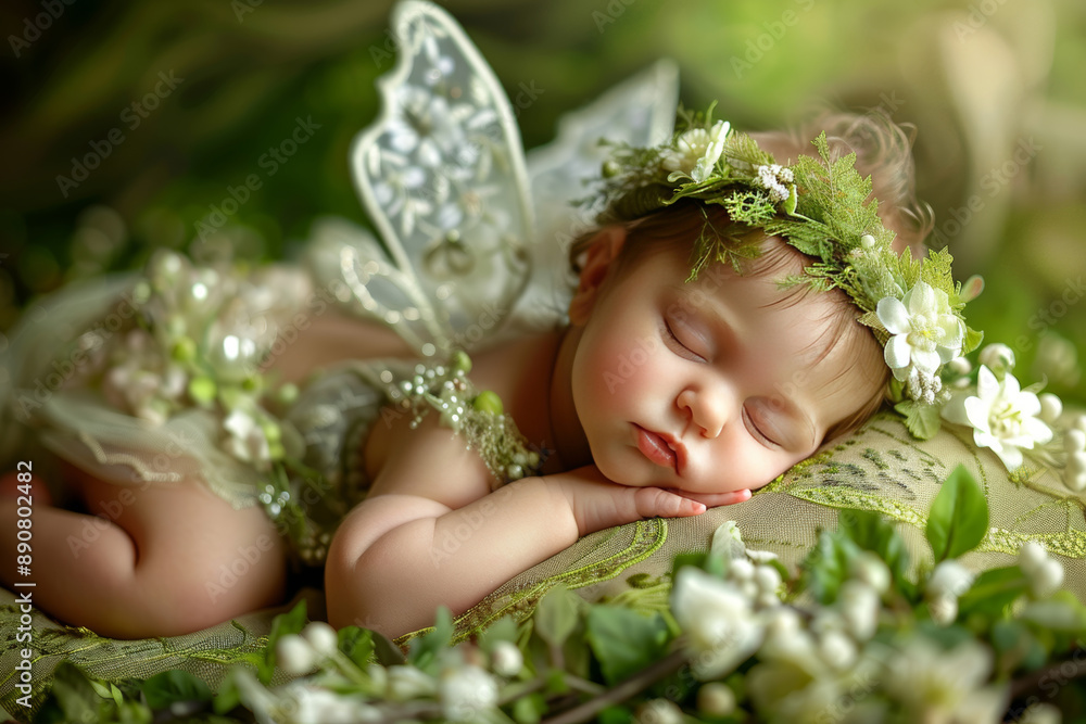 Sleeping infant girl in butterfly attire on green leaves enchanting baby fairytale portrait Sleeping infant girl in butterfly attire on green leaves enchanting baby fairytale portrait