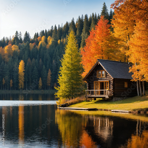 autumn landscape with lake and Cabin