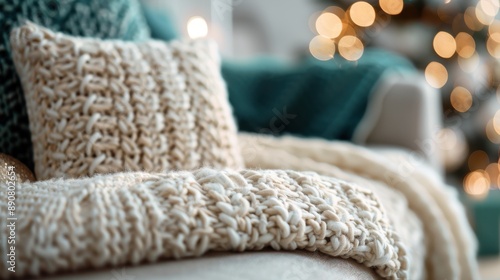 A soft, warm knitted blanket and pillow are beautifully arranged on a cozy sofa, creating a perfect ambiance for relaxation and comfort with blurred lights in the background.