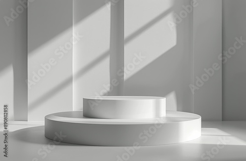 White Platform Display With Sunlight Streaming Through Windows