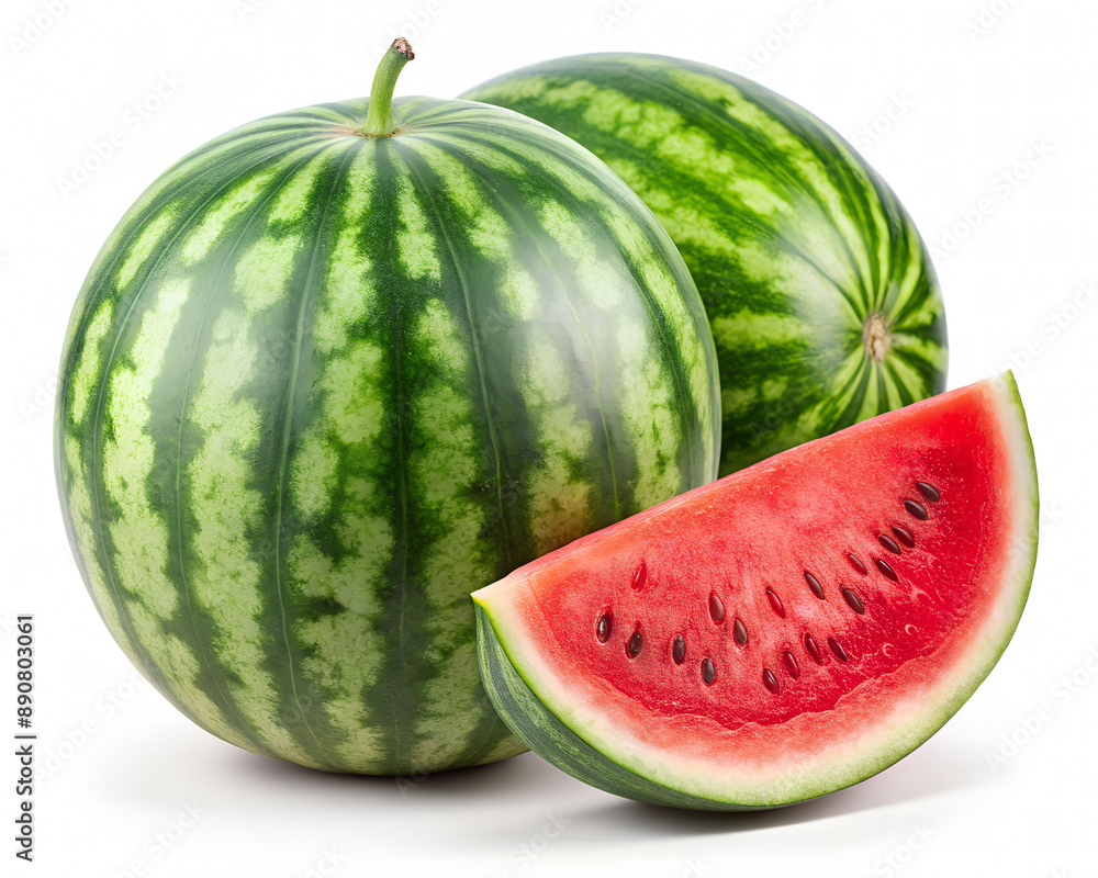 Big watermelon and two slices on white background as package design element Big watermelon and two slices on white background as package design element
