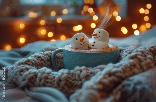 Two Snowman Marshmallows in a Mug of Hot Chocolate on a Cozy Winter Bed