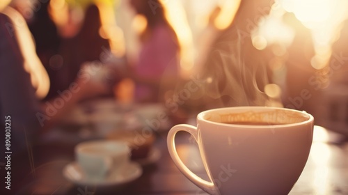 Close-up of a coffee cup with a warm steamy brew, surrounded by a softly blurred cafe setting in the background