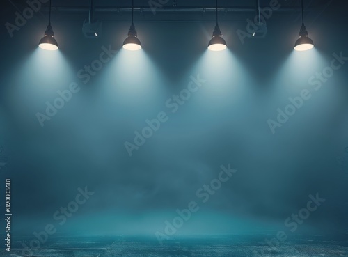 Three Spotlights Illuminate a Blue Studio Space
