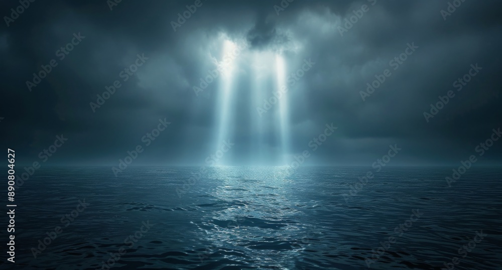 Light Beams Piercing Through Dark Clouds Over a Stormy Sea at Night Light Beams Piercing Through Dark Clouds Over a Stormy Sea at Night