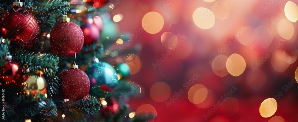 Close Up of Christmas Tree Ornaments With Red and Blue Decorations and Blurred Lights Close Up of Christmas Tree Ornaments With Red and Blue Decorations and Blurred Lights