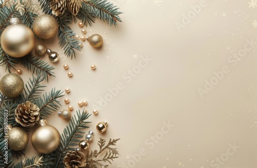 Wallpaper Mural Green and Gold Christmas Ornaments and Greenery on Beige Background Torontodigital.ca