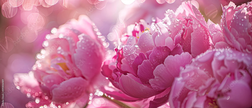 Photo of pink peonies in dew. Photo of pink peonies in dew.