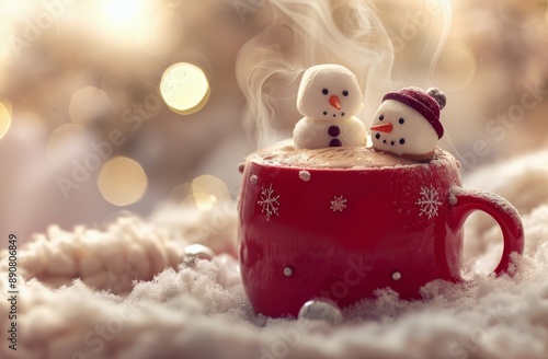 Festive Snowman Marshmallows in a Red Mug of Hot Chocolate