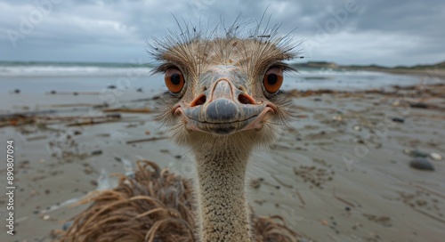 Ostrich Standing on Sandy Beach With Ocean in Background