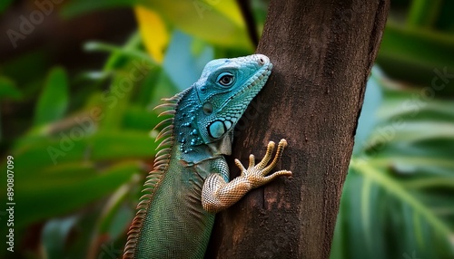 green lizard on a tree photo