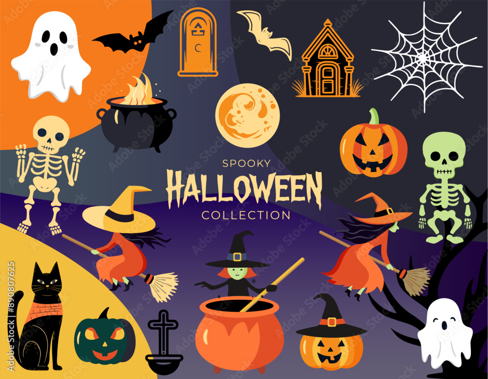 Fototapeta premium Set of vector characters and elements for halloween in cartoon style. Halloween set: witch, pumpkins, ghosts, skeleton.