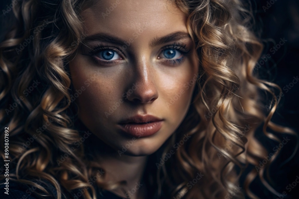A deep, emotional portrait. The face of a young girl without makeup with expressive eyes and light curly hair. Natural female beauty. A deep, emotional portrait. The face of a young girl without makeup with expressive eyes and light curly hair. Natural female beauty.