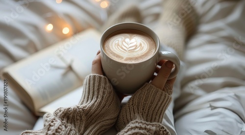 Person in Knitted Sweater Holding a Cup of Coffee on a Bed
