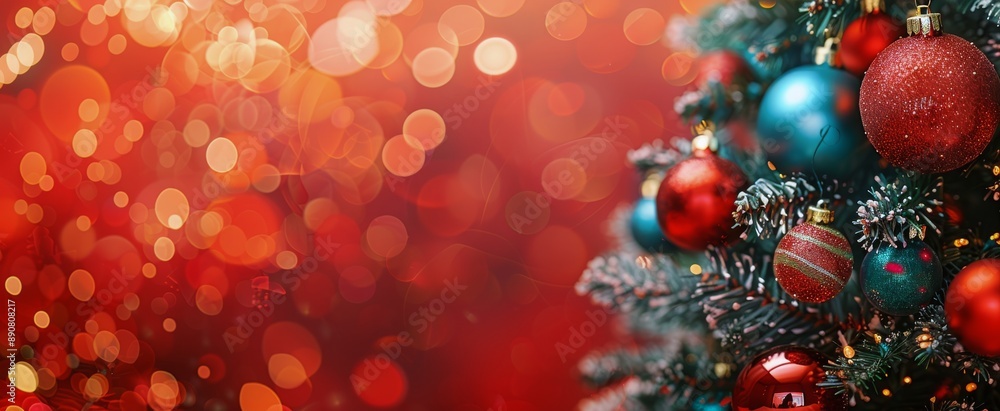 Close Up of Christmas Tree Ornaments With Red and Blue Decorations and Blurred Lights